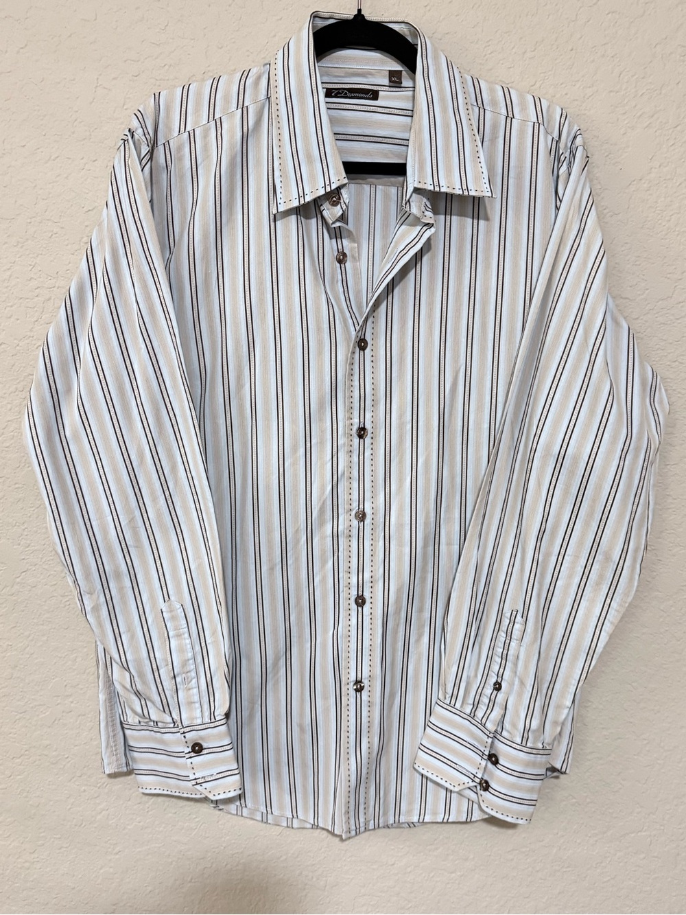 7 Diamonds Men's White Blue and Tan Stripe Button-Up Shirt